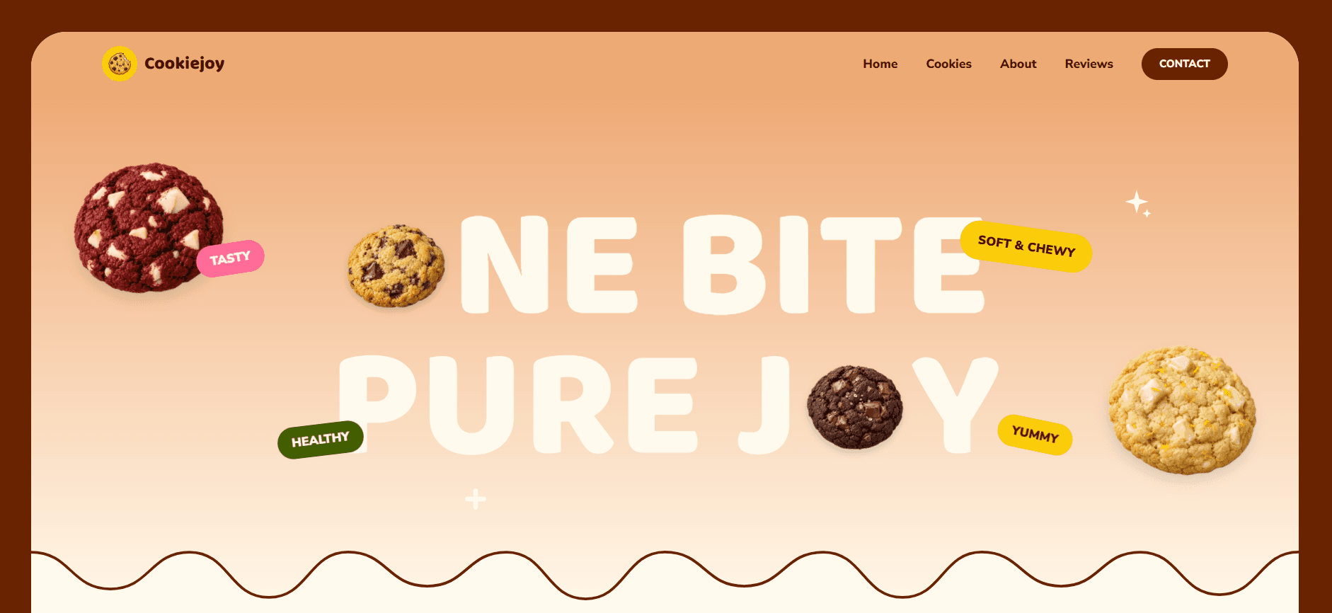 Hero landing page Cookiejoy dengan tagline One Bite, Pure Joy