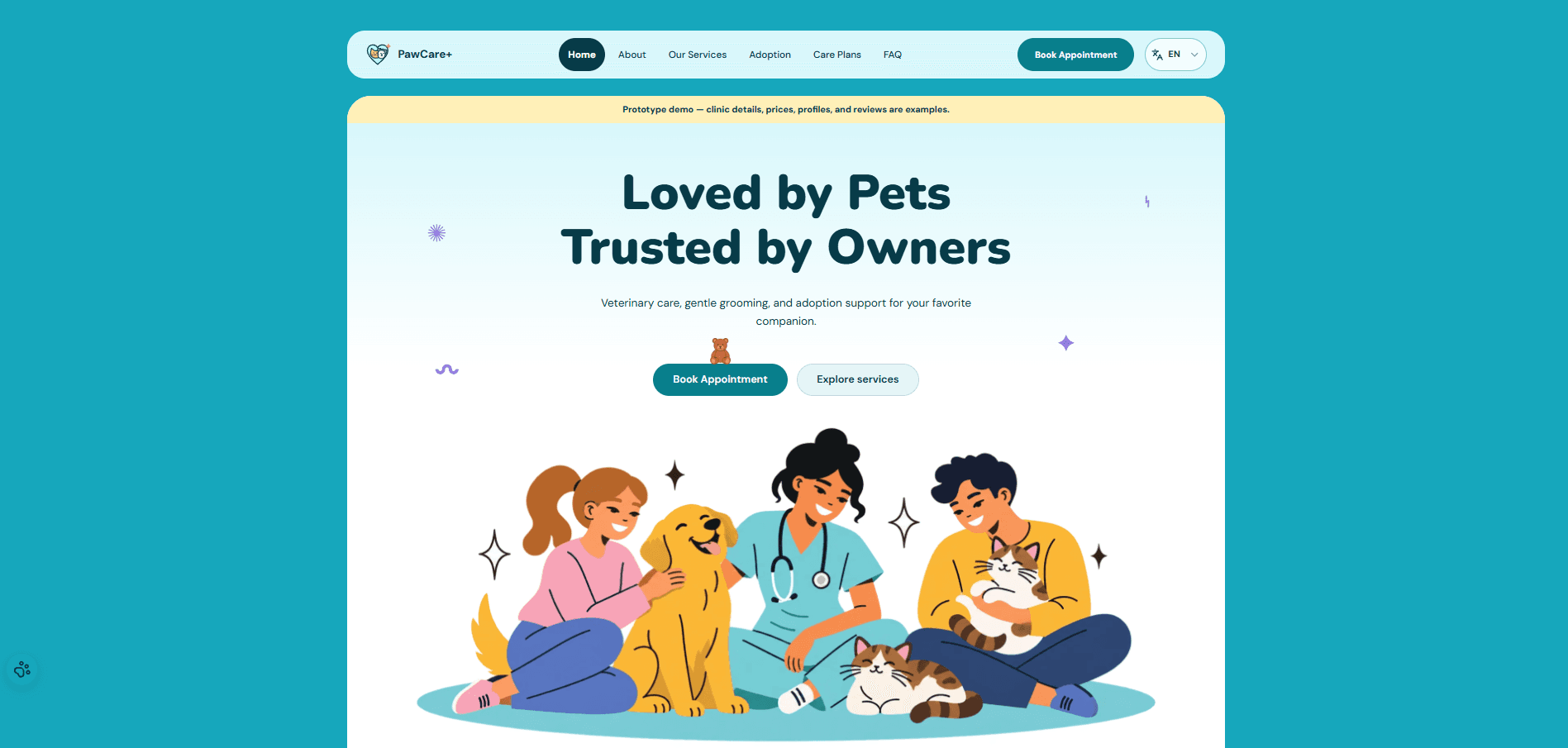Tampilan landing page PawCare+ untuk layanan perawatan hewan